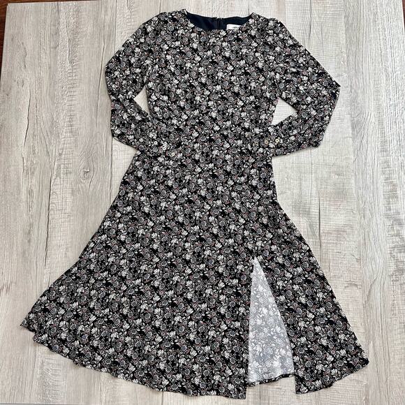 Ann Taylor LOFT Floral Midi Dress WMNS 2 Black Puff Sleeve High Neck Zip Slit LS - Picture 2 of 16